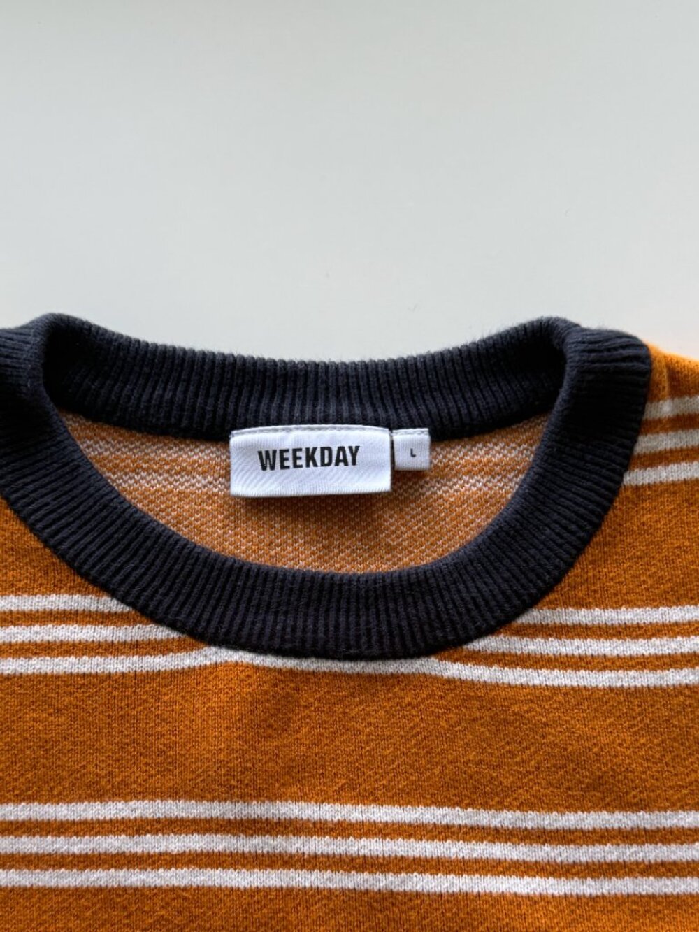 Weekday Johan Striped Sweater Large L Orange Navy White Knit Crewneck Pullover - Picture 5 of 7